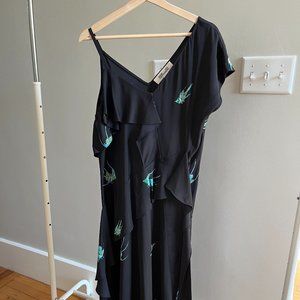 Diane Von Fursternberg Asymmetric Ruffled Silk Dress with Bird Pattern